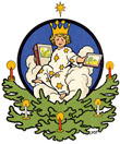 Das Christkind auf einer Wolke sitzend, mit einer Krone auf den blonden Locken, ein Buch in der Hand