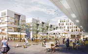 Zwischen den Gebäuden des geplanten Bahnstadt-Einkaufszentrums ist ein zentraler Platz vorgesehen.