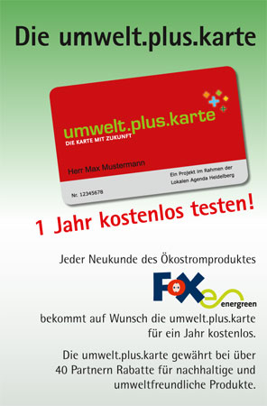 Jeder Neukunde von FoX energreen bekommt ab sofort auf Wunsch die rote  umwelt.plus.karte im Scheckkartenformat im Wert von 15 € für ein Jahr kostenlos zum Testen.