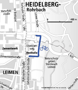 Führt künftig hinter der Festhalle von HeidelbergCement vorbei: der neue Radweg in die Nachbargemeinde Leimen. (Plan: Peh & Schefcik)