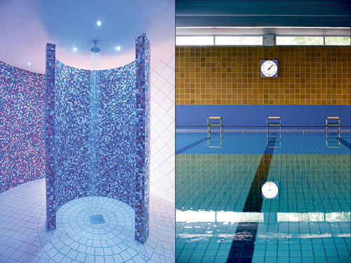 Zwei Ansichten des Hasenleiser-Schwimmbades mit Blick auf das Schwimmbecken und in den Saunabereich
