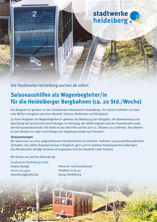 Stellenanzeige - gesucht werden Wagenbegleiter/in für die Heidelberger Bergbahnen