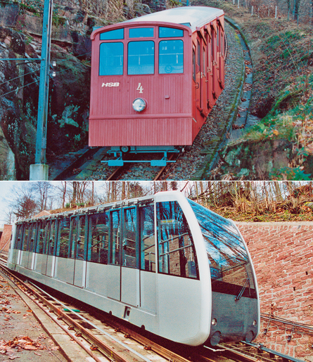 Hölzerner Charme von 1907 - die obere Bergbahn. Mit modernster Technik geht es bergauf - die untere Bergbahn.