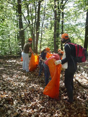 P1010746.JPG - Die freiwilligen Helfer/innen putzten gut ausgerüstet mit Zangen, Handschuhen und Müllsäcken quer durch den Wald. Auch kleine Kletterpartien waren kein Hindernis. Anschließend wurde gegrillt. (Foto: Stadt Heidelberg)