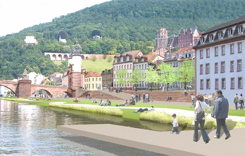 2015_bild01.jpg - Arbeit 2015: Ein parkartiges Gelände mit flachem Rasenufer kennzeichnet den Bereich bei der Alten Brücke. In die Stützmauer wollen die Verfasser eine Gastronomie integrieren.