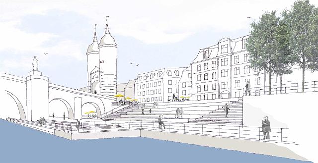 2001_bild01.jpg - Eine großzügige und breite Sitzstufenanlage, die beiderseits von Treppen flankiert wird, soll an die Stelle der bisherigen Mauer treten und oberer und unterer Ebene miteinander verbinden.