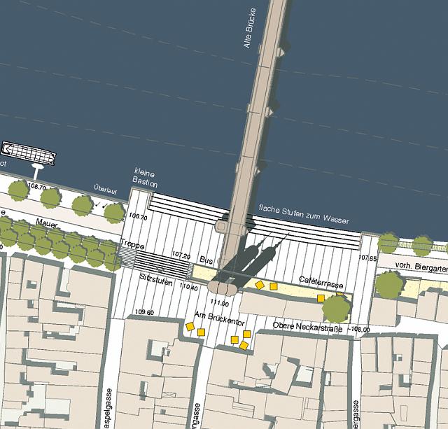 2001_bild04.jpg - Der Platz unterhalb der Alten Brücke wird im Westen und Osten annähernd symmetrisch ausgebildet und durch deutlich sichtbare Raumkanten begrenzt. (Siehe Situationsplan als PDF-Datei).