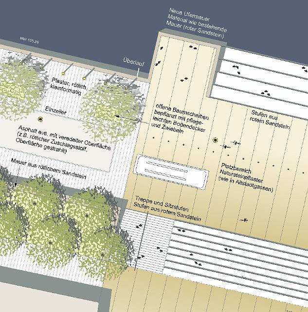 2001_bild05.jpg - Klare Kante: Westlich und östlich der großen Sitzstufenanlage begrenzen zwei markante Uferbereiche den Platz unterhalb der Alten Brücke.