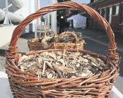 Zwei Körbe aus Weidengeflecht gefüllt mit Holzschnipseln stehen hintereinander