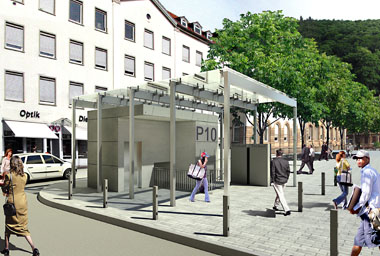 Ganz so weit wie auf dieser Abbildung des Heidelberger Architektenbüros ap88 sind die Bauarbeiten noch nicht fortgeschritten. Die Computersimulation zeigt den künftigen Eingang zur Tiefgarage P 10 an der nordöstlichen Ecke des Friedrich-Ebert-Platzes vor dem Geschäft Optik Dieterich.