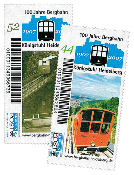 Die beiden Briefmarken zeigen die obere Bergbahn 1907 beziehungsweise 2007